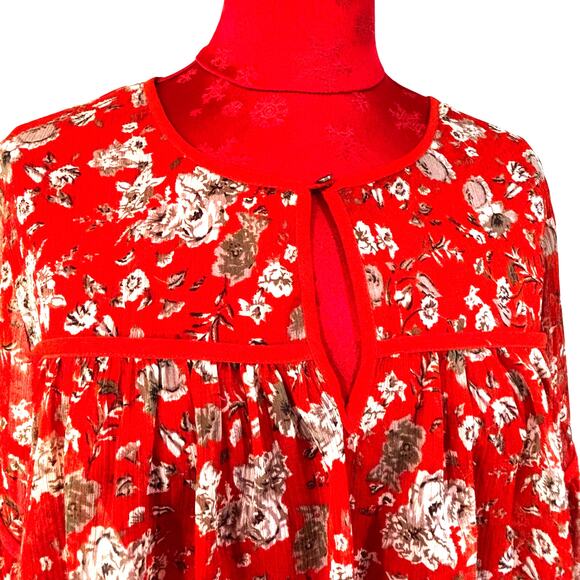 Lucky Brand peasant blouse size M Boho 3/4 sleeve casual orange tan floral sheer - Picture 2 of 8